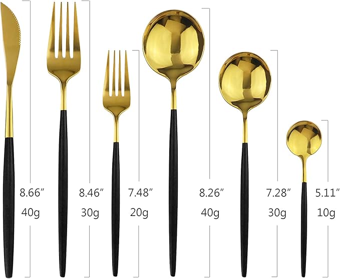 24Pcs Gold Mirror Silverware Flatware With Black Handle, 18/0 Stainless Steel Cutlery Set Utensils Kitchen Dinnerware Include Knife Fork Spoon and Teaspoon, Service for 4