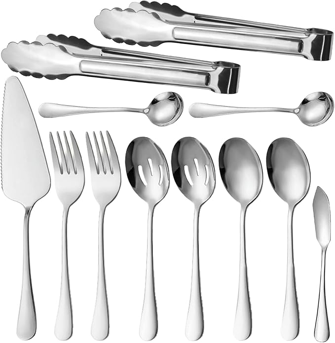 12Pcs Silver Serving Utensils Stainless Steel Serving Spoon,Slotted Spoons Serving Forks,Serving Tongs Cake Server Dessert Spoon Serving Flatware Set Great for Parties Buffet Party