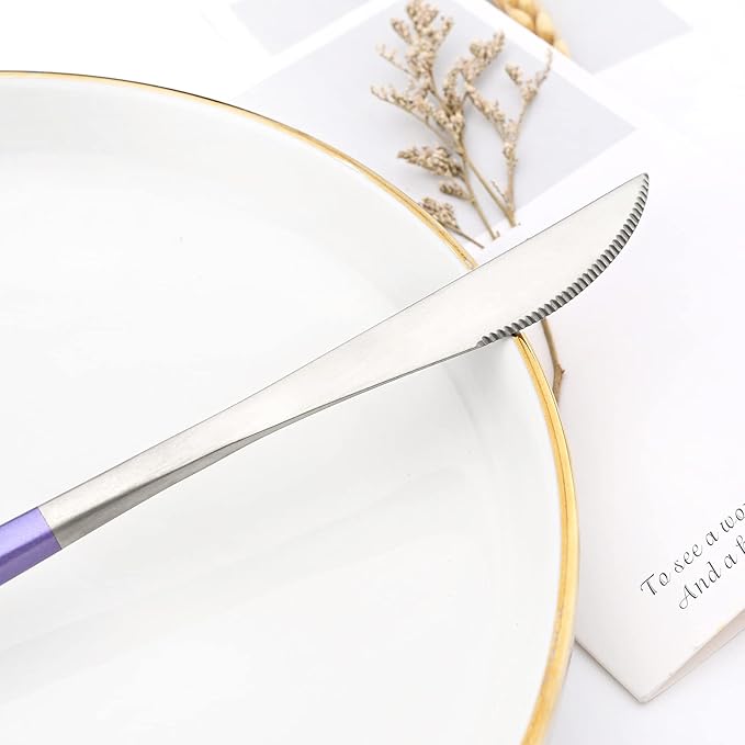 24-piece Snplowum Silver Satin Finished Serving Set, 18/10 Stainless Steel Flatware With Purple Round Hanle For Daily Use Salad Coffee Include Knife/Fork/Spoon, Service For 4 (Purple Silver)
