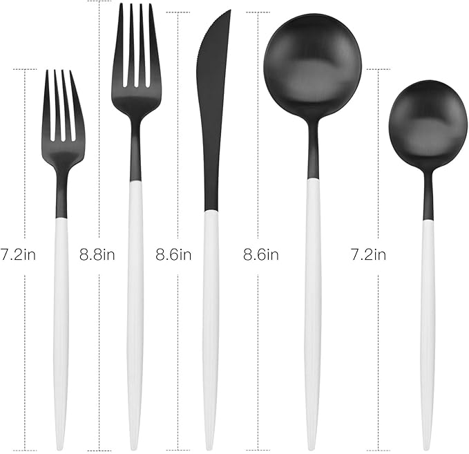 Matte Black Silverware Set with white handle, Bysta 5-Piece Stainless Steel Flatware Set, Kitchen Utensil Set Service for 1, Tableware Cutlery Set for Home and Restaurant, Dishwasher Safe