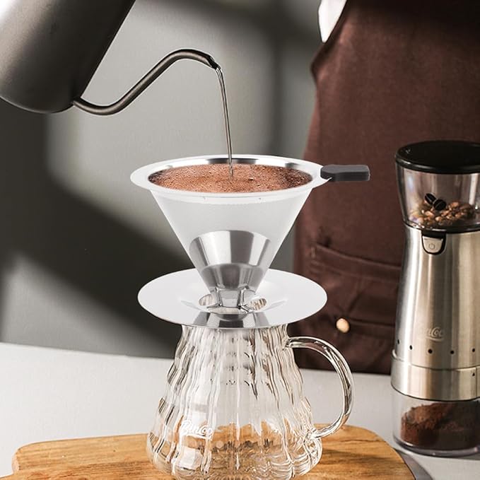 Pour Over Coffee Dripper with Cleaning Brush, Stainless Steel Cone Coffee Filter Fine Mesh Double Layer, Paperless Reusable Coffee Filter, Drip Cone Brew Coffee Strainer(SIZE:Medium)