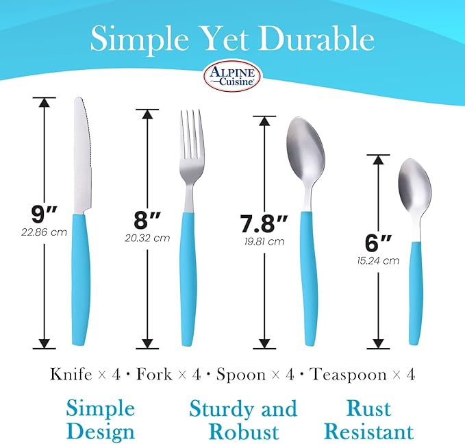 ALPINE CUISINE Flatware Set 16 Piece Service for 4, Stainless Steel Flatware Cutlery Set Includes Dinner Knives/Forks/Spoons - Great for Camping or College Dorms - Dishwasher Safe - Blue
