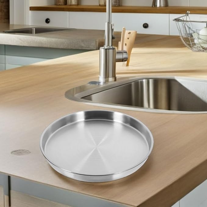 LOGOFUN 2pcs Korean Style Stainless Steel Round Serving Tray Matte Flat Bottom Plate for Steaming Food Commercial BBQ Party 26cm Silver
