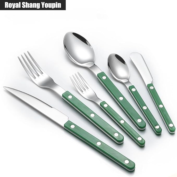 Rivet ABS Clamp Handle Kitchen Stainless Steel Silverware Tableware Flatware Cutlery Set Steak Knife Fork Spoon Teaspoon Western Tableware Butter Knife Set (Green,5 pieces)