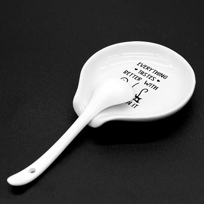 Funny Black Cats Coffee Spoon Rest-Black and White Ceramic Coffee Spoon Holder-Every Thing Tastes Better With Cat Hair Sign-Gifts for Cat Lovers