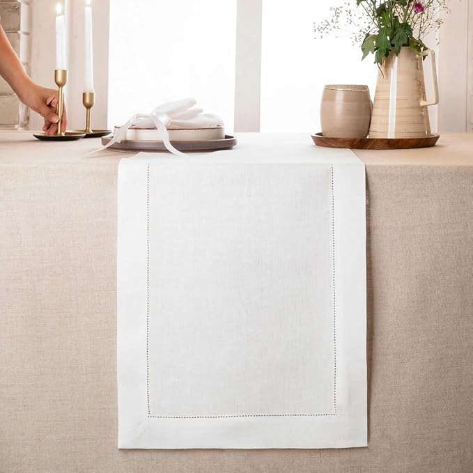 D'Moksha Homes Linen White Table Runner 60 Inches - Classic Hemstitch, 100% Pure Linen Coffee Table Runner 14 x 60 Inch Ideal for Dresser Tables - Winter, Christmas, Holiday, New Year