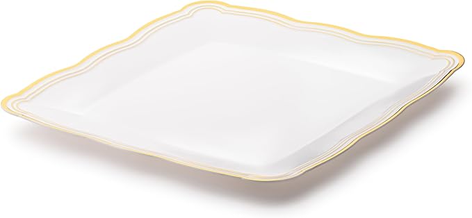 Posh Setting - White Plastic Serving Trays 6 Pack, Heavyweight Plastic Trays for Serving Food Party, Gold Rim Border Disposable Serving Platters and Trays, Platters for Serving Food Party - 12"x12"