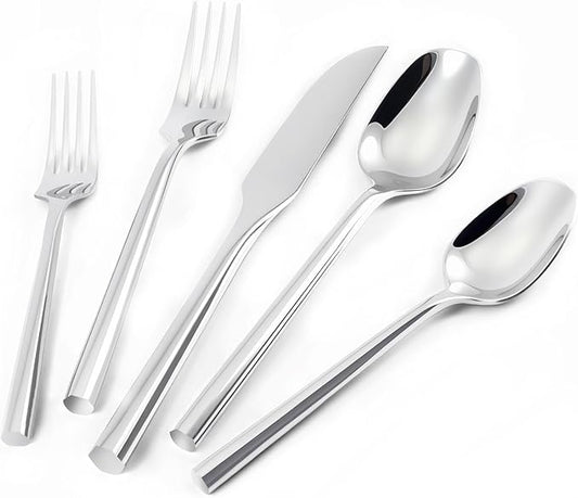 Silverware Set 40-Piece Hand Forged Stainless Steel Cutlery, Mirror Silver Thick Hexagon Handle Flatware Sets, Service for 8