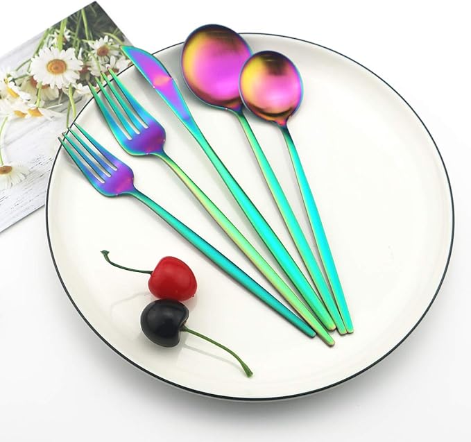 40-Pieces Silverware Set, Flatware Sets Satin Finish, 304 Stainless Steel Utensils Dishwasher Safe Service for 8, Include Dinner Knife/Fork/Spoon Dinnerware Sets (Matte Rainbow)