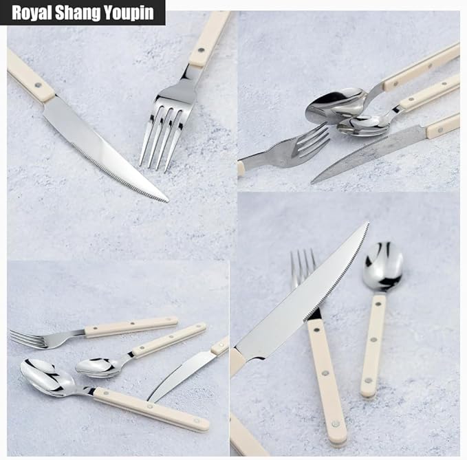 Rivet ABS Clamp Handle Kitchen Stainless Steel Silverware Tableware Flatware Cutlery Set Steak Knife Fork Spoon Teaspoon Western Tableware Butter Knife Set (Beige,16 pieces)