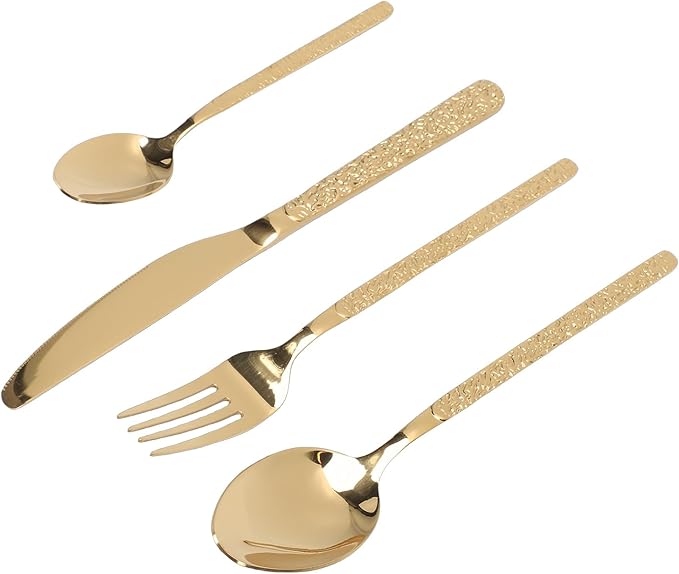 Pssopp 6 Piece Stainless Steel Cutlery Set, Serving Sets Forks Spoons for Restaurant Wedding Party Home (Stone Pattern Gold)