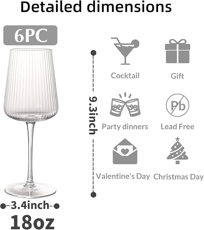 Hand Blown Ribbed Wine Glasses with stem, Lead-Free Crystal Glasses, Luxury Gift, Set of 6, Unique, 18oz Premium Wine Goblet, Large capacity, Fluted Design (6pcs mixed colored)
