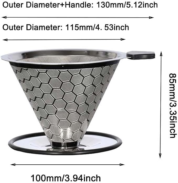 Pour Over Coffee Dripper Stainless Steel Coffee Filter Cone Paperless Reusable Single Cup Coffee Maker 1-2 Cup with Non-Slip Cup Stand and Cleaning Brush