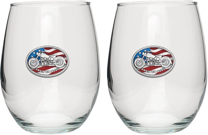 Heritage Pewter Motorcycle Stemless Glass Goblets – Set of 2 | 15 OZ Goblet Wine Glasses | Expertly Crafted Pewter Glass