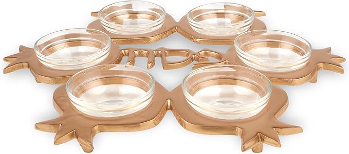 Zion Judaica Artistic Passover Seder Plate Pomegranate Shape Seder Tray Shiny Aluminum with 6 Glass Liners/Dishes Marked with the Names of Symbolic Pesach Foods Passover Plate Decor (Gold)