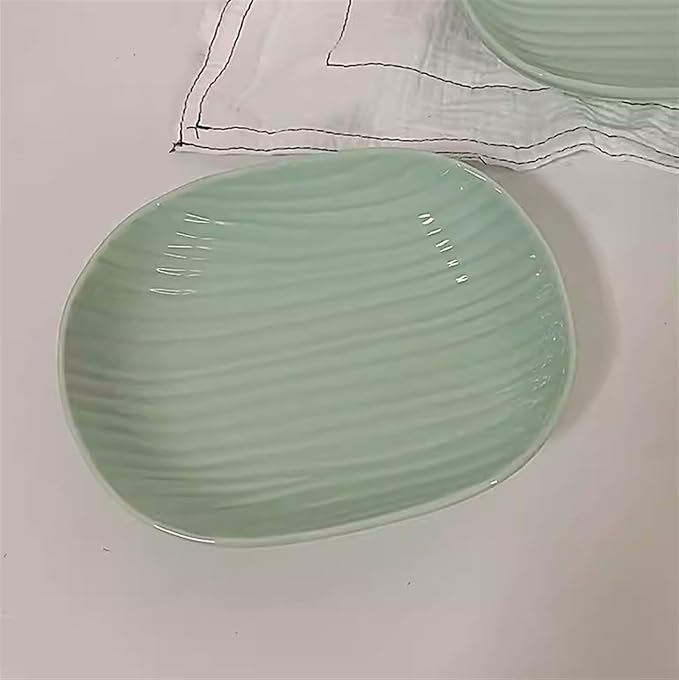 Kitchen Plates Mint Green Dinner Plate Striped Ceramic Plate Oval Dinner Plate Appetizer Plate Fruit Snack Salad Plate Deep Plate Restaurant Plates