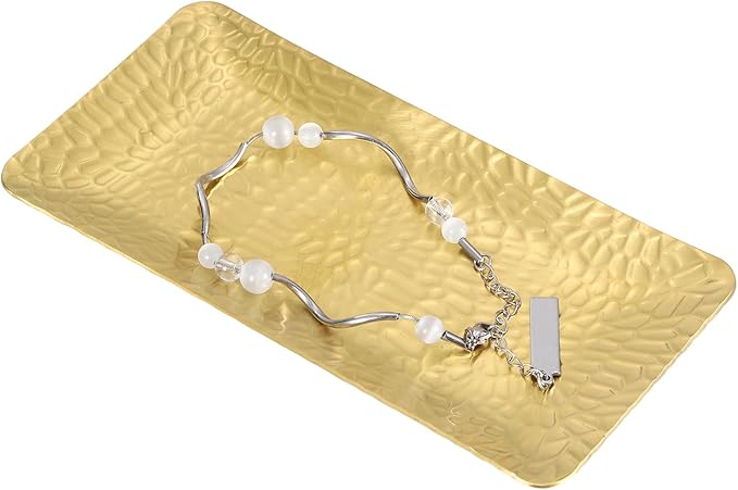 uxcell Decorative Tray, 5.9x3 Stainless Steel Rectangular Frosted Serving Tray with Hammer Pattern for Dessert Napkin Towel Candle Jewelry Bathroom Platter, Stackable, Gold