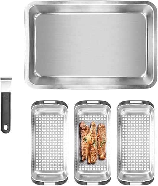 Grill Pans for Outdoor Grill-3 Grilling Baskets|Serving Tray| Clip-on Handle.BBQ Serving Platters with Holes for Grill Fish,Vegetable,Meat and Prep Food Veggie