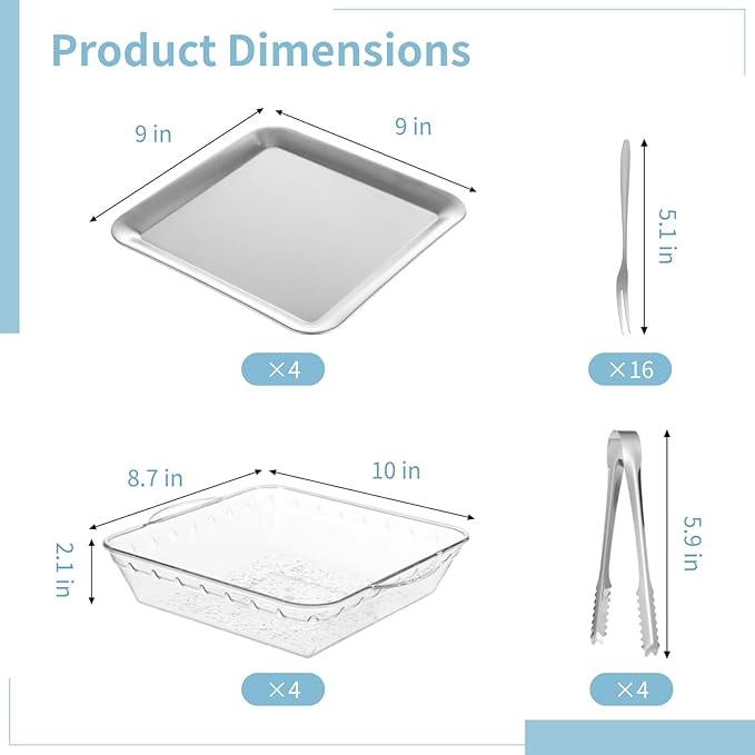 4 Sets Chilled Serving Tray, 9 in Square Ice Chilled Party Platter, Charcuterie Serving Board with Ice Tongs and Forks for Outdoor Buffet, Fruit, Appetizer, Seafood, Cold Dish, Picnic