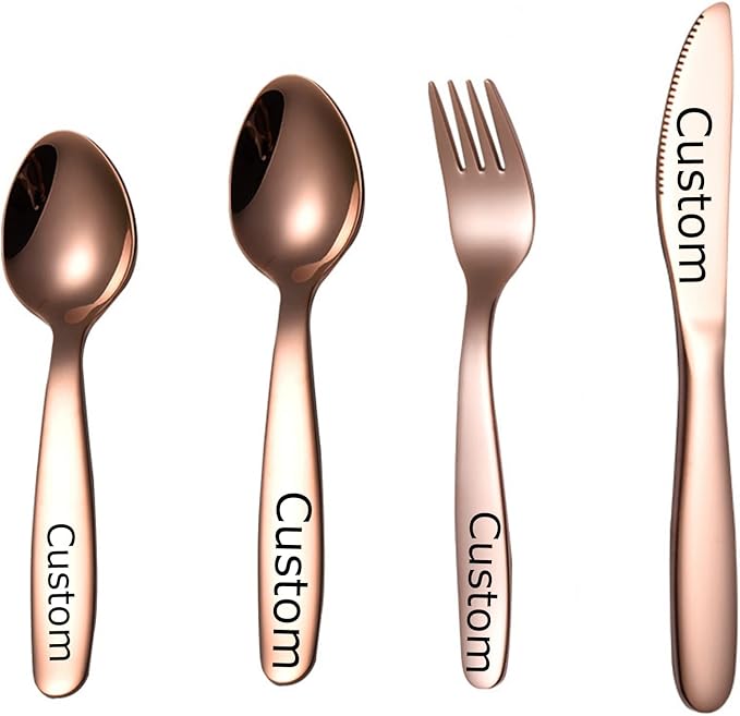 Stainless Steel Customized Rainbow Kids Silverware 2/3/4 Pieces Set,Engraving Name Knife Forks Spoon Set,Personalized Children's name tableware, Customized Flatware Set Rose Gold