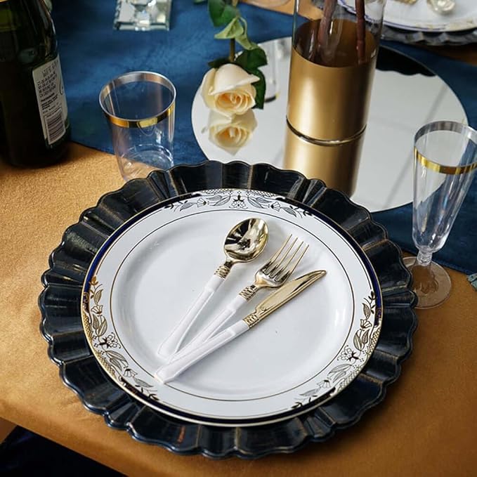Efavormart 13" Charger Plates - Set of 12 - Navy Blue Round Acrylic Disposable Charger Plates with Gold-Brushed Wavy Scalloped Rim, Ideal for Wedding Dinner Party Bulk Events Tabletop Decor