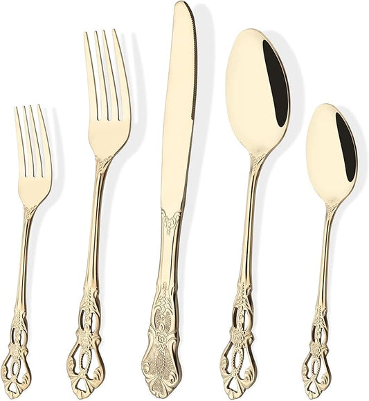 Champagne Gold Flatware Set For 4, 20 Pieces 18/0 Stainless Steel Silverware Set, Cutlery Utensils Set Include Knives/Forks/Spoons, Antique Baroque Style & Luxury Mirror Polished
