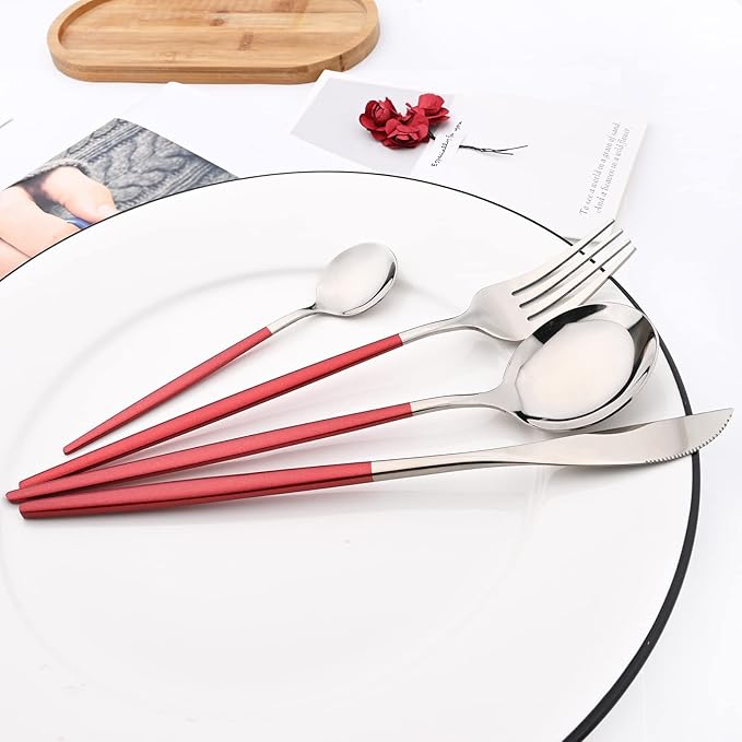 40 Pcs Silverware Set With Teaspoon For 10, Food Grade Stainless Steel Utensils Tableware Set, Elegant & Simple Flatware Serving Set Include Knife Fork Spoon, Mirror (Red Silver)