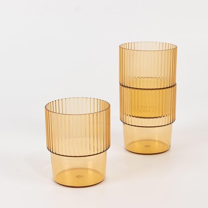TCF Linen 12 Pack Amber Gold Plastic Tumblers, 7oz Stackable Ribbed Reusable Shatterproof Short Drinking Glasses, Elegant Origami Design for Weddings Parties Catering Cocktails