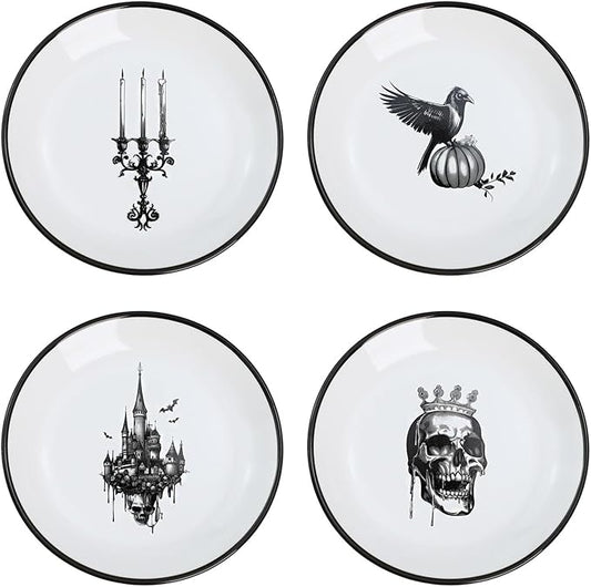 Halloween Pattern Ceramic Seasoning Dishes Sauce Dish Sushi Dipping Bowl Appetizer Plates Tea Bag Holder Serving Dish for Kitchen, Decoration for Halloween, 5 Inch, 4 PCS Set