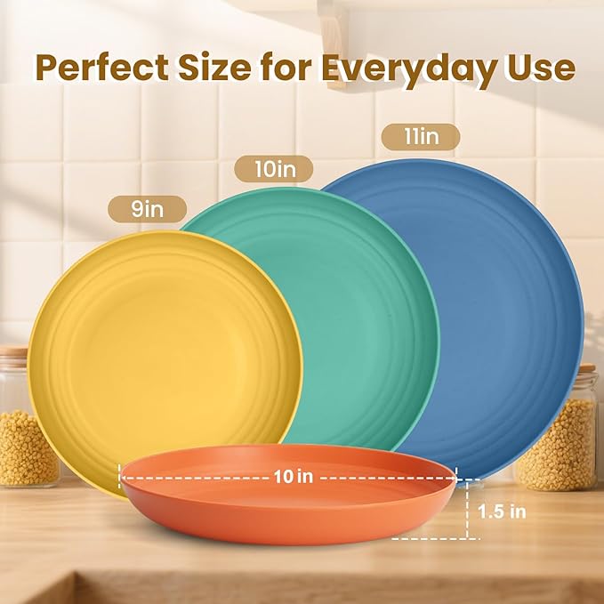 Wheat Straw Plates 10 Inch Deep Dinner Plate Set of 8, Lightweight and Unbreakable Plastic Plates Reusable, Microwave & Dishwasher Safe Kitchen Plate (Multi Colors)
