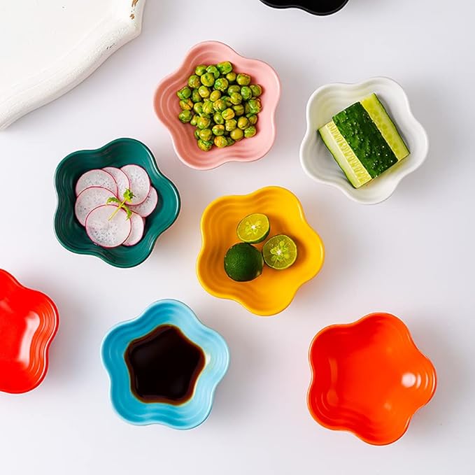 Gaolinci 3.5 Inches Flower Shape Ceramic Sauce Dish,Mini Side Seasoning Dish,Snack Serving Dishes,Porcelain Small Saucer Set(Plum Flower, Set of 4)