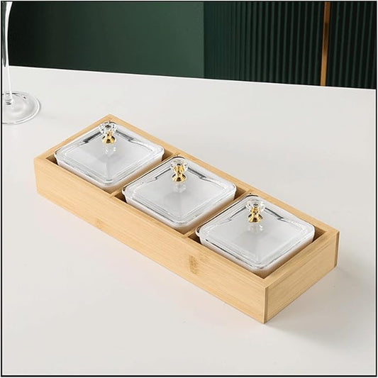 Salad plate Ceramic Divided Serving Dishes Platter with Clear Lid 3 Removable Appetizer Serving Bowls Relish Tray for Chips Fruits Candy Plastic plate (Color : Brass)