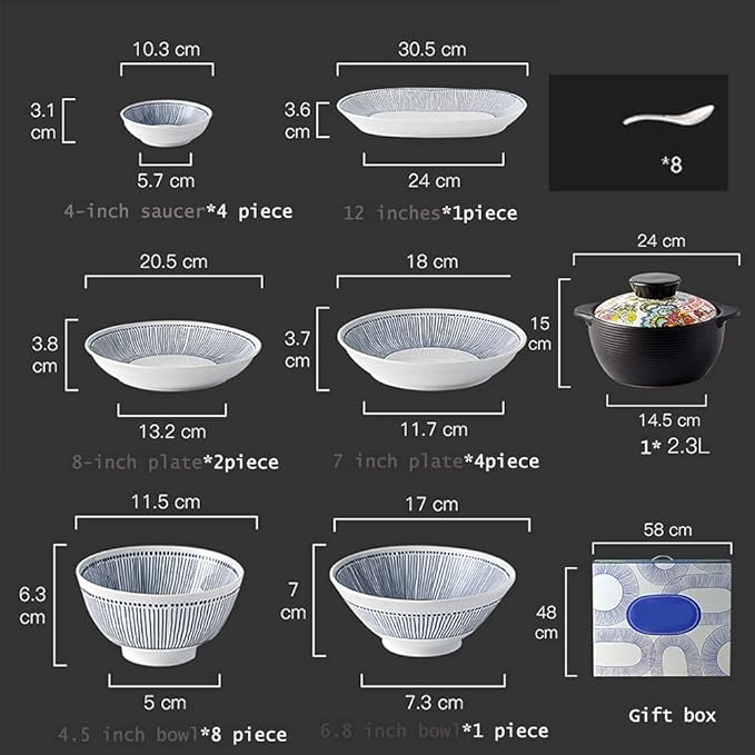 Plate and Bowl Set Fine Dinnerware Set,White Porcelain Dinnerware Set with Blue Line Stripes, Ceramic Plates and Bowls Sets, Unique Dish Set for Parties or Everyday Use,S