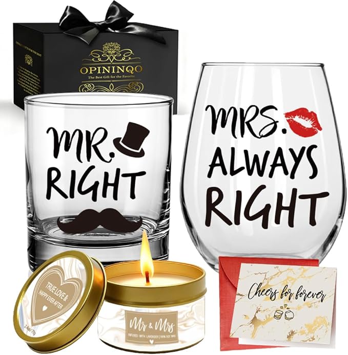 Mr. Right Mrs. Always Right Set Novelty Couple Set Gift for Husband, Wife, Bride, Groom, Parents, Newlyweds, Bachelorette - Wedding Engagement Gifts for Couples - Ideal for Bridal Shower