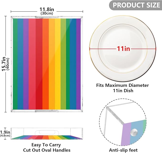 Serving Tray with Handles Clear Acrylic Tray 12x16 Inch Decorative Rectangular Tray Organizer for Ottoman Coffee Table Bathroom Rainbow Color Stripes