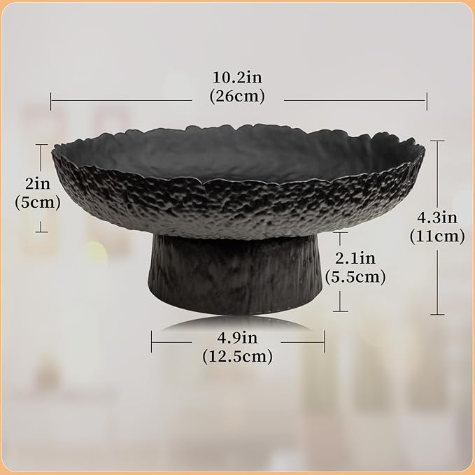 Large Glass Fruit Bowl for Kitchen Counter Decorative Centerpiece Bowl for Table Home Déco, Black Hammered