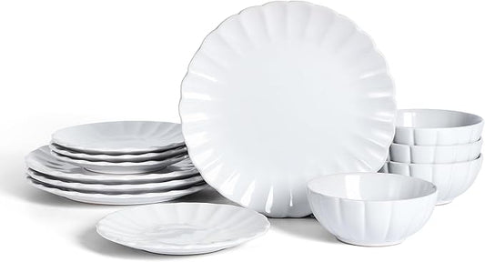 Earth & Clay Phoenix 12-Piece Stoneware Dinnerware Set, Plates and Bowls Set, Dishwasher and Microwave Safe, Dish Set for 4, White