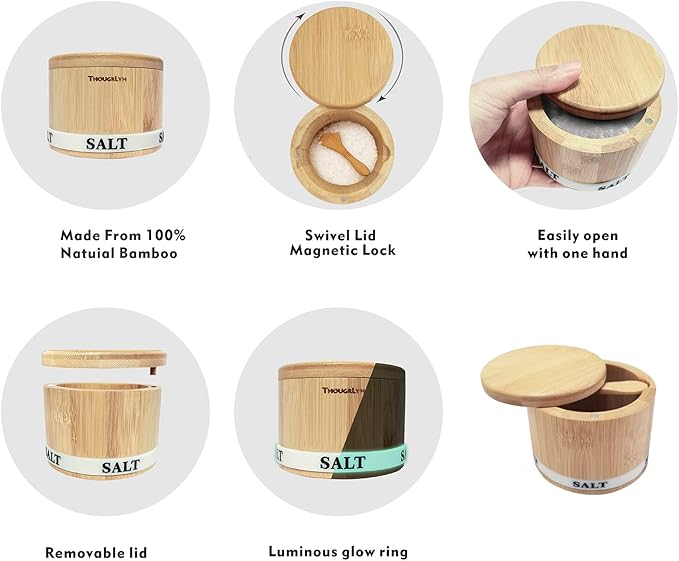 Salt Box Bamboo Salt Container with Swivel Lid and Spoon Small Spice Cellar with Label 8 oz Capacity salt Holder for Countertop with Magnetic to Easy Open and Seal