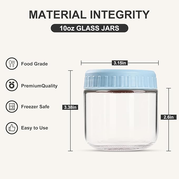 Overnight Oats Containers with Lids, 10oz Glass Jars with Lids 4 pcs, Light Blue, Wide Mouth Mason jars for Salad, Yogurt, Snacks, Meal Prep