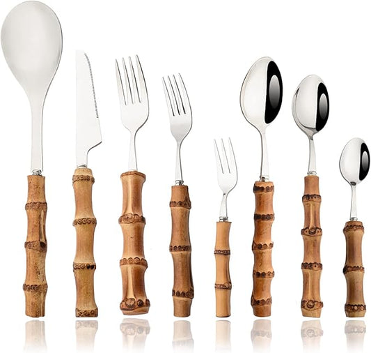 JASHII 30pcs Bamboo Handle Silverware Set, 304 Stainless Steel Silver Flatware Set, Service for 4, with 2pcs Serving Spoons.Mirror Polished, Reusable Bamboo Cutlery Set for Home Party
