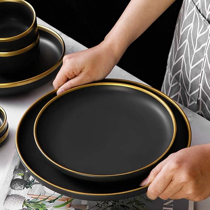 Nordic Style Tableware Set, Ceramic Plate And Bowl Set, Family Restaurant Tableware, 2/4/6 Person Tableware Set, Handmade Ceramic Utensils (Matte Black 18 pcs)