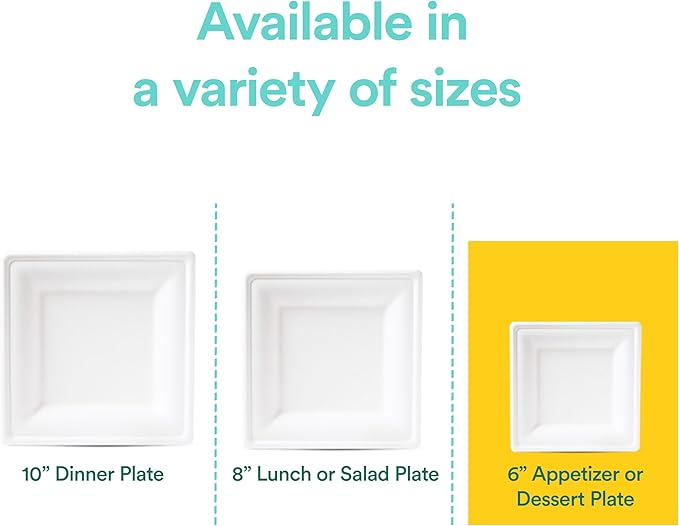 ECO SOUL Compostable Square Paper Plates 6 Inch (100 Count) Small Plates for Christmas Dessert, Heavy Duty, Eco-Friendly Sugarcane Bagasse For Appetizer- White
