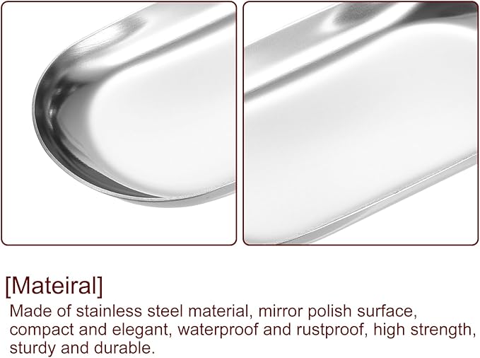 uxcell 4pcs Stainless Steel Decorative Tray, 3.9" Oval Serving Tray Metal Decorative Plate for Perfume Jewelry Cosmetic Bathroom Organizer, Silver