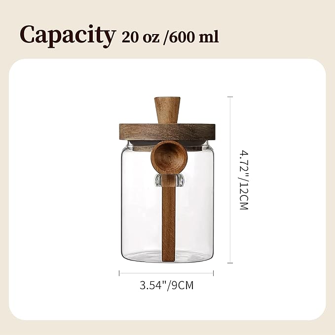 Glass Food Storage Jar with Acacia Wooden Lid and Spoon, Airtight Container for Cereals, Cookies, Snacks, Kitchen Canister Set (2 Pcs, Medium/20oz)