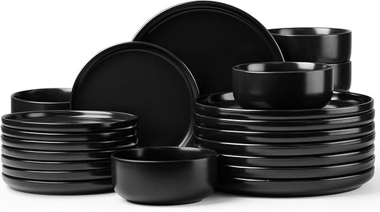 Herogo 24 Pieces Stoneware Dinnerware Set Service for 8, Dinner Plates and Bowls Sets, Double Reactive Glaze Dishes Set for Kitchen, Scratch Resistant, Microwave & Dishwasher Safe, Matte Black