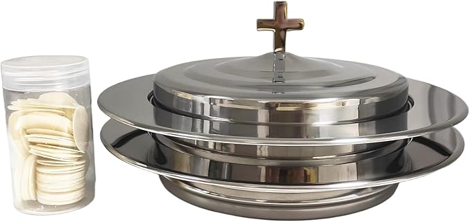 Polished Steel 2 PCS Communion Bread Plate with Cover for Churches,Stackable Communion Bread Tray Plates with Lid, 2 Stacking Communion Plate & 1 Bread Plate Lid