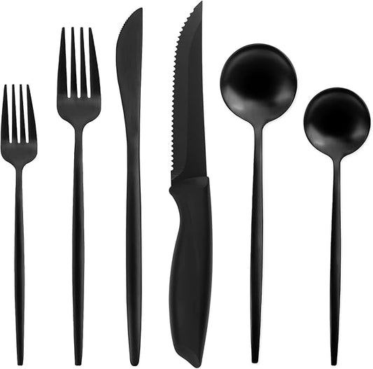 48-Piece Matte Black Silverware Set with Steak Knives,Black Flatware Set for 8,Stainless steel Cutlery Set for Home Kitchen and Restaurant,Durable Home Kitchen Eating Tableware Set