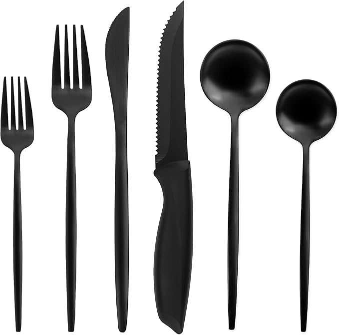 24-Piece Matte Black Tableware Set with Steak Knives,Black Flatware Set for 4,Stainless Steel Kitchen Utensil Set Include Spoons And Forks Set, Dishwasher Safe