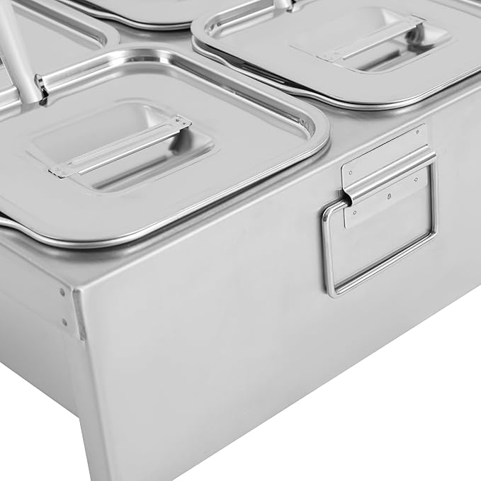 6 Pans Ice Food Serving Display Container, Stainless Steel Serving Tray Catering Supplies Buffet Display Condiment Dispenser Plate Case with Acrylic Replaceable Lids for Restaurant Hotel Kitchen