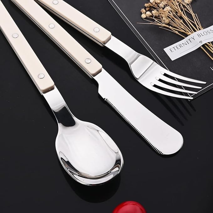 JASHII Silverware Flatware Set 20 Pieces Stainless Steel With Rivet Retro Cutlery Set Knife Fork Spoon Set Service for 4 for Home Restaurant Wedding - Beige Handle